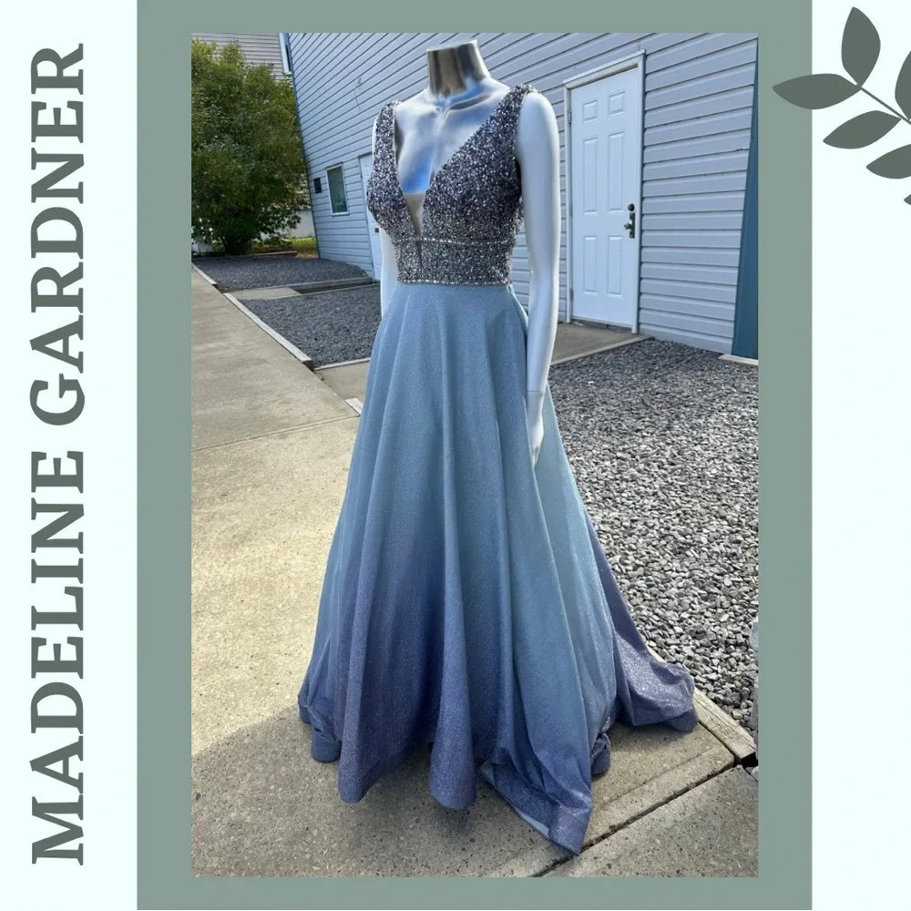 Graduation Dress Ombré Skirt with Pockets Sequin Beaded Bodice Deep V Blue